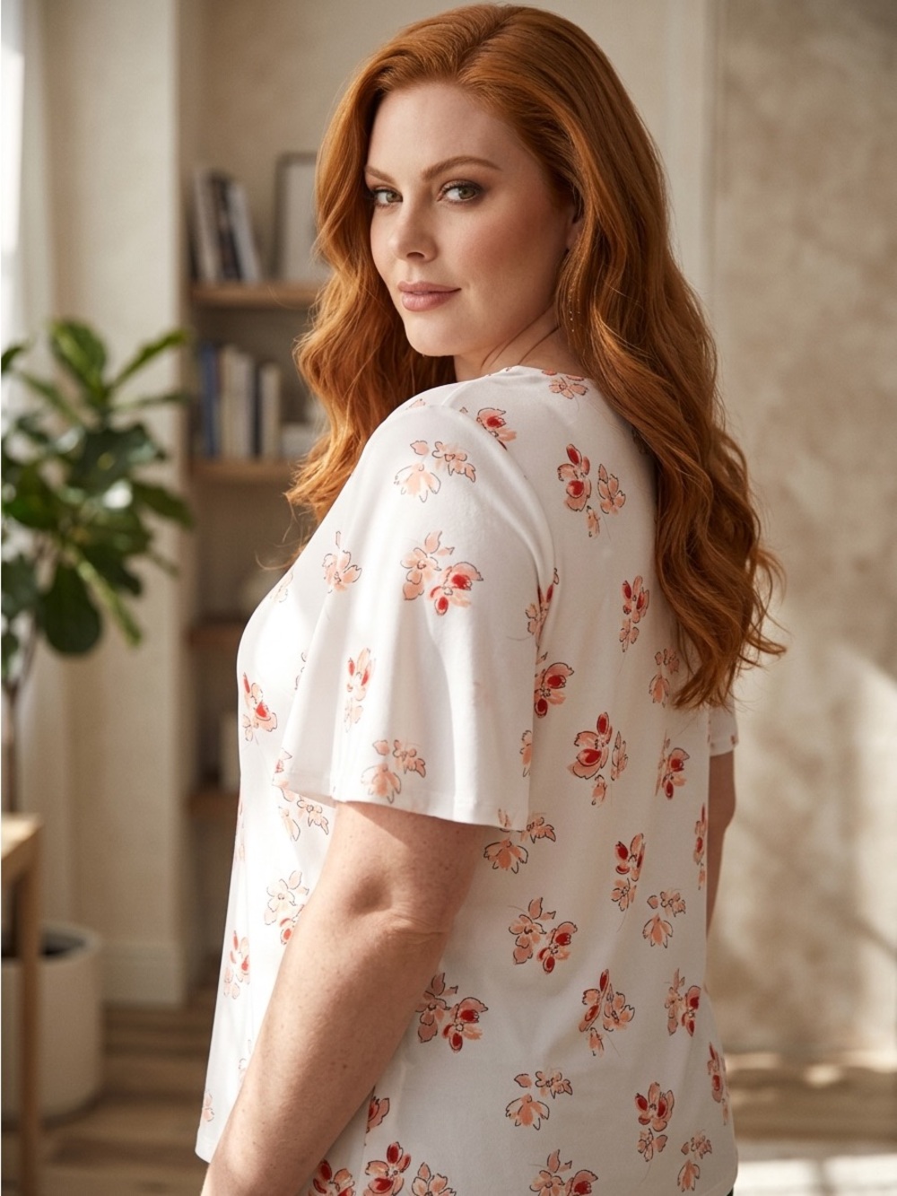 Liz Claiborne Cream Floral Keyhole Flutter Sleeve Top - Picture 3 of 9
